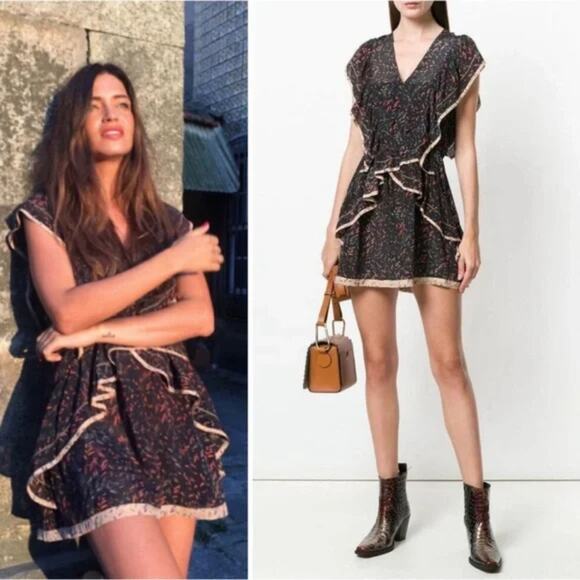 IRO Paris Jicka Ruffled Printed 100 % Silk Crepe Mini Dress, Black, size 36/4 - Picture 6 of 6